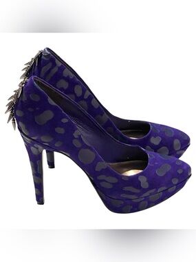 Rachel Roy Spiked Charm Mohawk Purple Animal Print Suede Platform Heels - NEW